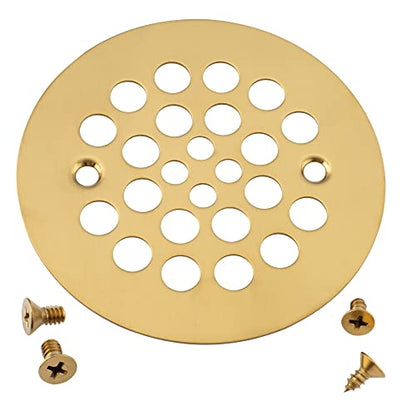 4-1/4“ Shower Strainer Drain Trim Set, Screw-in Shower Strainer Drain Cover, Plastic-Oddities Style Replacement Strainer Grid,Machine & Self-Tapping Screws Included (Brushed Gold)