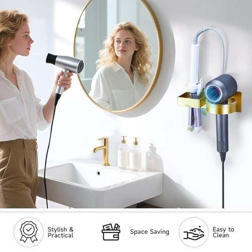 Hair Dryer Holder Wall Mounted, Hair Straightener Holder, Blow Dryer Holder Adhesive, Hair Tool Organizer for Flat Iron, Hairdryer, Curling Iron Holder for Bathroom Vanity Barber Shop (Gold)