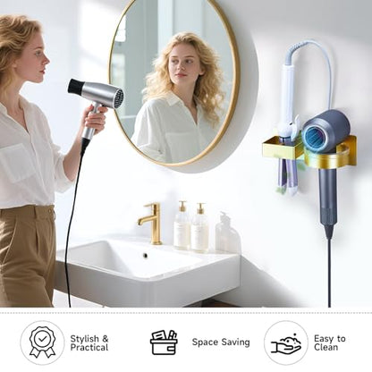 Hair Dryer Holder Wall Mounted, Hair Straightener Holder, Blow Dryer Holder Adhesive, Hair Tool Organizer for Flat Iron, Hairdryer, Curling Iron Holder for Bathroom Vanity Barber Shop (Gold)