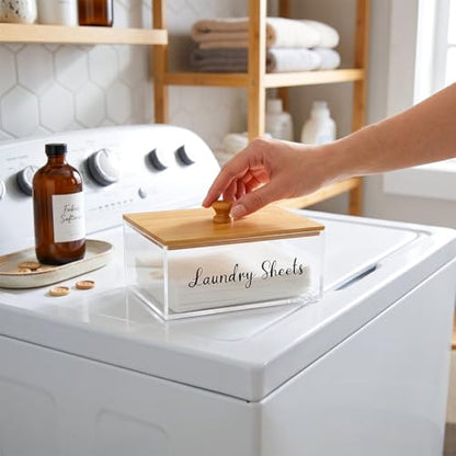 Acrylic Laundry Sheet Holder with Bamboo Lid, Laundry Detergent Sheet Container/Holder/Dispenser, laundry Room Organization and Storage