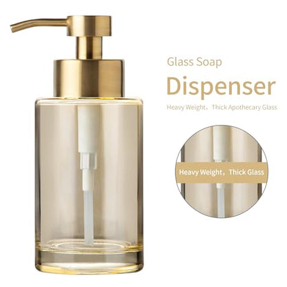 Enra Thick Glass Soap Dispenser, Gold Liquid Hand Bathroom Soap Dispenser | 12oz glass container with stainless steel pump. Refillable design with elegant style for countertops, kitchens