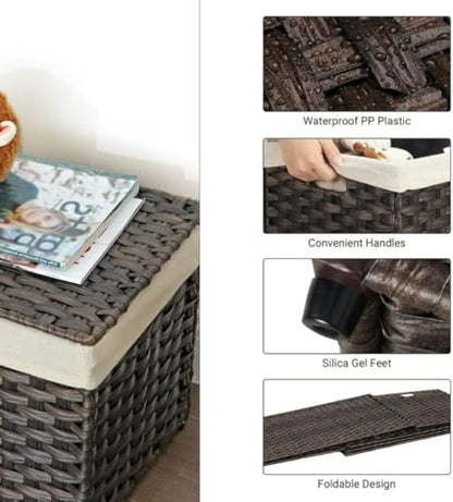 SONGMICS Storage Basket with Lid, Woven Blanket Storage Bin with Handles, Foldable, Removable Liner, Metal Frame, for Bedroom, Laundry Room, 42.3 Gallons (160 L), Brown URST76BR