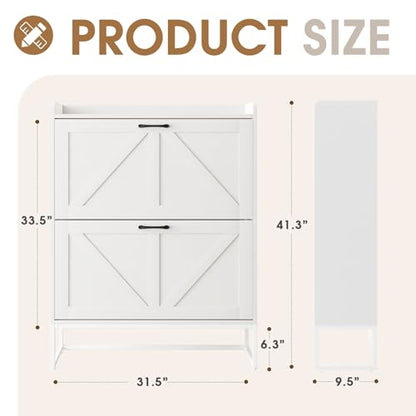 Shoe Cabinet, Shoe Storage Cabinet with 2 Flip Drawers & Adjustable Shelf, Space-Saving Shoe Organizer – Holds 16+ Pairs, Narrow Shoe Cabinet Storage for Entryway/Hallway（White）
