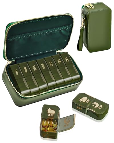 Travel Pill Organizer AM PM, Weekly Pill Case with Portable Zippered Pouch & Wrist Strap, 7 Day 14 Compartments Medicine Box for Vitamins, Supplements, BPA-Free, Gift for Women & Seniors