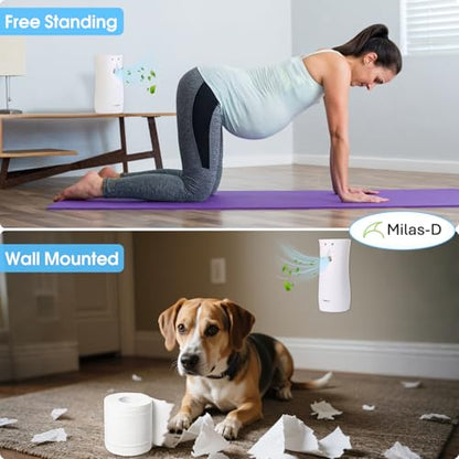 Automatic Air Freshener Spray Dispenser, Custom Timing (Day/Night/24H, 7.5/15 min interval), Wall Mounted or Free Standing, for Home and Commercial, Compatible with Glade Refill Can, White, Milas-D