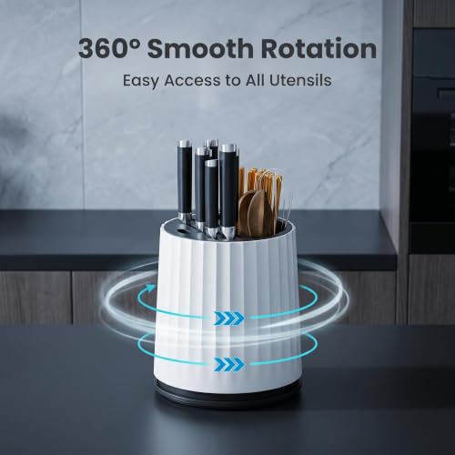 360° Rotating Knife and Utensil Holder, Kitchen Co... (White & Gray | Plastic)