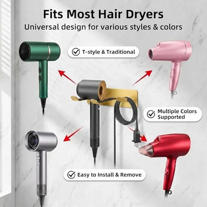 Hair Dryer Holder Wall Mount, Universal No-Drill Stainless Steel Organizer with 3M Adhesive & Screws, Space Saving Blow Dryer Hanger for Bathroom Bedroom Salon RV (Gold)