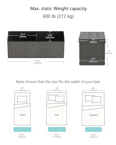 43 Inches Folding Storage Ottoman Bench, Storage Chest, Grey | Ottoman Foot Rest, End of Bed Bench, Load 660 lb, Storage Box for Living Room, Bedroom, Entryway