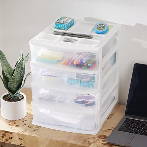 Gracious Living Drawer Organizer, 4-Tier Plastic Storage Desktop Drawers, White Frame - Stackable Clear Desk Containers & Organizers for Shelves, Bathroom, Closet, Kitchen Pantry & Office Organization