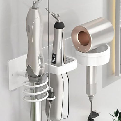 Hair Dryer Holder Wall Mounted,Blow Dryer, Curling Iron, Straightener Holder 3 in 1 Bathroom Metal Hair Tool Organizer Rack-Matte White-1