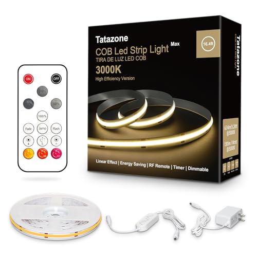 Tatazone White COB Led Strip Lights Max with RF Remote, 16.4ft 3000K CRI93+ Dimmable Bright Warm White COB Light Strip, Adhesive Indoor COB Led Lights for Living Room, Shelf, Cabinet