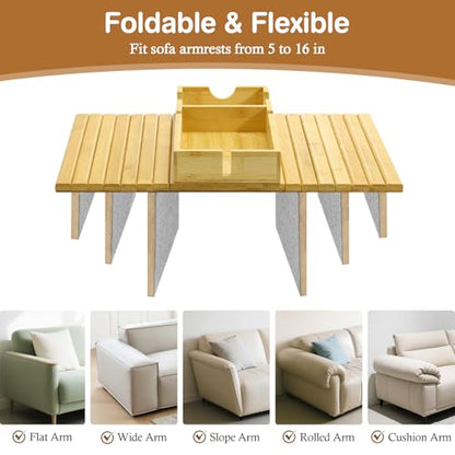Luxspire Couch Armrest Table, 2-in-1 Magnetic, Detachable, Burlywood | Sofa Arm Tray with Cup Holder and Phone Holder, Foldable Bamboo Couch Cup Holder for Remote Controls, Phones, Snacks, Cups