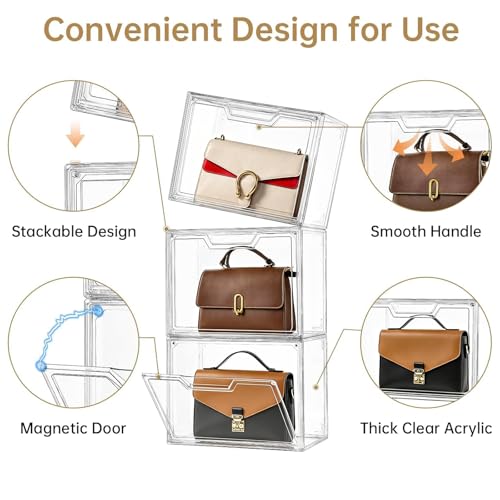 Purse Organizer for Closet,Clear Acrylic Display Case for Handbag Organizer, Purse Storage Box with Magnetic Door, Plastic Storage Bins for Book, Collectibles, Cosmetic (5 Pack)