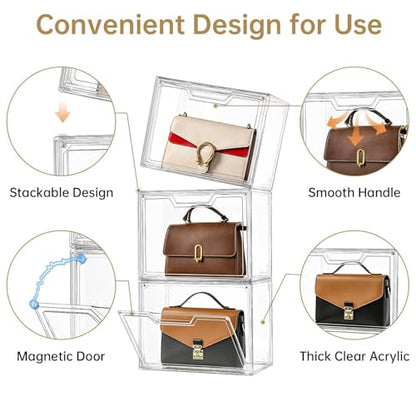 Purse Organizer for Closet,Clear Acrylic Display Case for Handbag Organizer, Purse Storage Box with Magnetic Door, Plastic Storage Bins for Book, Collectibles, Cosmetic (5 Pack)