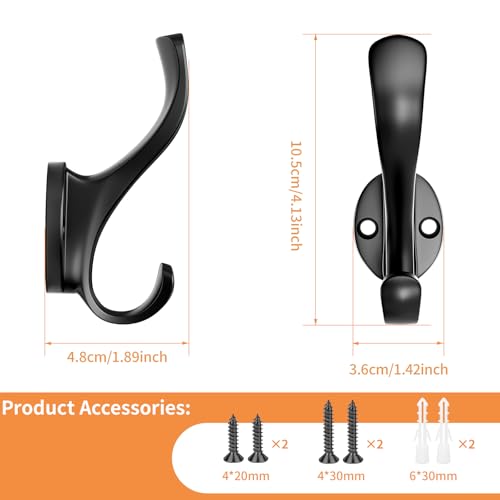 Heavy Duty Coat Hooks - 6 Pack Aluminum Alloy Wall Mounted Hooks for Hanging Jacket, Clothes, Bags, Hat | Durable Metal Utility Wall Hooks for Entryway, Closet, Mudroom, Bathroom, Garage