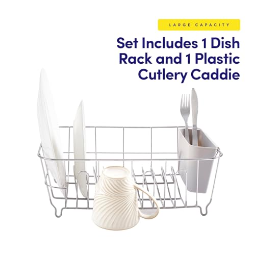 Dish Drying Rack & Cutlery Holder 2 Piece Set - Compact Sink-Fitting Dish Drainer with Rubberized Undercoating, Space-Saving Kitchen Organizer for Plates, Cups, Bowls & Utensils in Sink, Silver