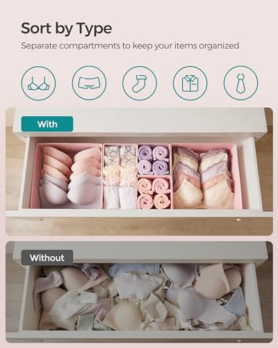 SONGMICS Drawer Organizers, Dresser Divider Organizers, Set of 12, Foldable Fabric Storage Boxes for Socks, Underwear, Bras, Ties, Scarves, Jelly Pink URDZ006R01