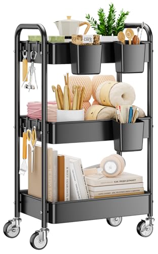 3 Tier Rolling Cart, Heavy Duty Metal Utility Cart with Wheel Black | Sturdy Rolling Storage Cart With Hooks & Hanging Cups, Great For Craft, Art Workspace, Kitchen ,Snack And Office Storage