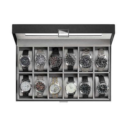 ProCase Watch Box Organizer, 12 Slot Watch Display Case, Black | Watches Storage Boxes Holder for Men Women, Large Glass Lid, Removable Pillows, Anniversary Christmas Birthday Gifts