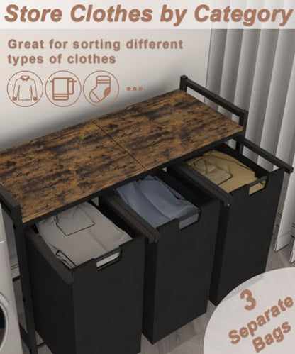 10 x 3 Gal Large Laundry Hamper, Rustic Brown and Black | Freestanding Clothes Basket Organizer with 3 Pull-Out & Removable Sorter Bags for Clothing or Toys in Bathroom & Living Room