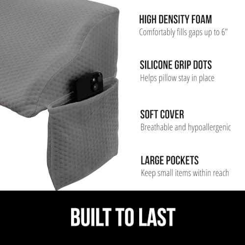 GORILLA GRIP Patented Bed Wedge Pillow for Headboard Gap, Filler Between Mattress Gaps, Comfortable Supportive High Density Cushioned Foam Pillows, Stay in Place Gripping Dots, Twin/XL Soft Gray