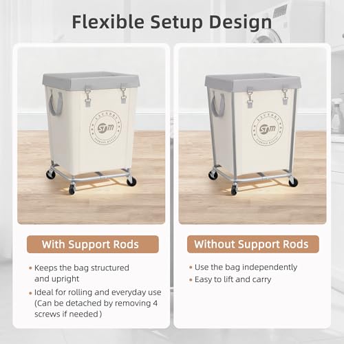 STORAGE MANIAC Commercial Laundry Hamper with Heavy Duty Steel Frame, 160 L Industrial Clothes Basket Cart with Wheels for Big Family, Home, Hotel, Laundry Room, 18''L x 18''W x 31''H, Medium Beige
