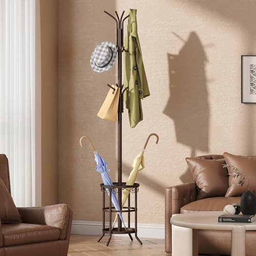 GHWIE Coat Rack Freestanding, Coat Tree with Umbrella Holder, Metal Coat Rack Stand with 12 Hooks, Standing Coat Hanger Stand, Umbrella Stand for Entryway, Hat Rack Stand for Home Office, Brown