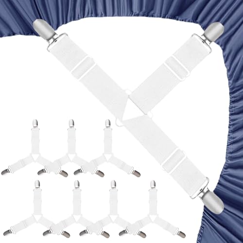Adjustable Bed Sheet Straps, Elastic Fasteners with Metal Clips, Sheet Grippers and Corner Keepers for Mattress Cover, Firm Tight Mattress Sheet Suspenders (Triangle White 8 Pcs)