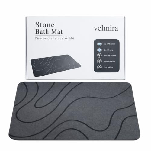Stone Bath Mat, Quick Dry Shower Mat, Diatomaceous Earth Shower Mat, Non-Slip Hard Surface, Ultra Absorbent Bathroom Floor Mat for Tub, Entry, or Sink – 23.6" x 15.4", Gray (Wave)