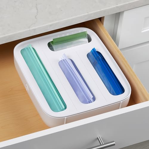 YouCopia StoraBag Drawer Food Bags Dispenser, 4-Slot, Plastic Sandwich Bag Organizer for Kitchen Storage, White