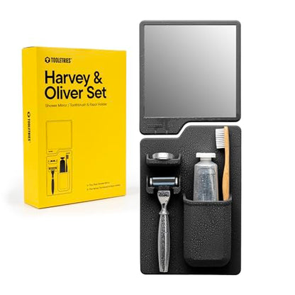 TOOLETRIES Harvey & Oliver, Shower Organizer & Shaving Mirror - Charcoal | Shower grooming station with a clear-view mirror and reusable organiser for everyday grooming.