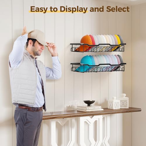Hat Rack for Wall - 2 Pack Metal Hat Organizer for Baseball Caps - Heavy Duty Wall Mounted Baseball Cap Organizer and Hat Storage for Closet Wall or Bedroom - Holds 48 Caps,Black