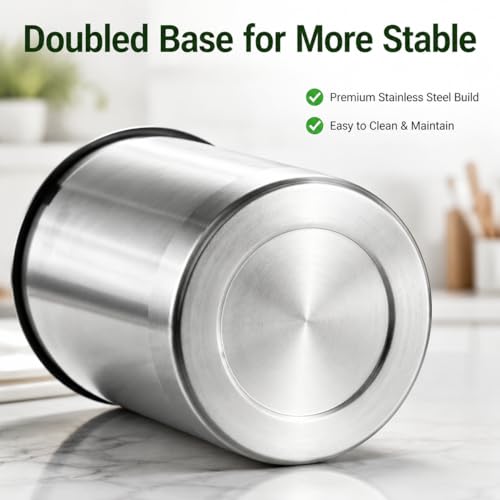 Utensil Holder Stainless Steel 6.3inch Deep, Silver | Brushed Finish, Doubled Base for Stable, Shiny Stainless Style, 5inch Wide, 6.60inch Tall
