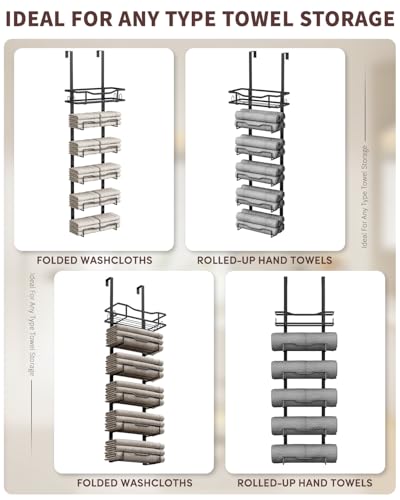 Aetyord Hanging Towel Racks for Bathroom No Drill - 6-Tier Over The Door Bath Towel Storage Organizer for Small Bathrooms - Tiered Back of Door Towel Holder Hanger for Rolled Towels RV Camper Black