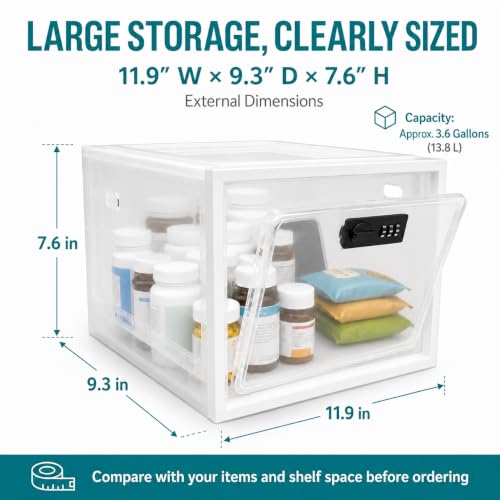 Large Medication Lock Box with Code, Clear Lockable Storage Box for Refrigerator, Cabinet & Dorm, Stackable Medicine Box for Prescriptions, Snacks, Phone, 11.9" x 9.3" x 7.6", White