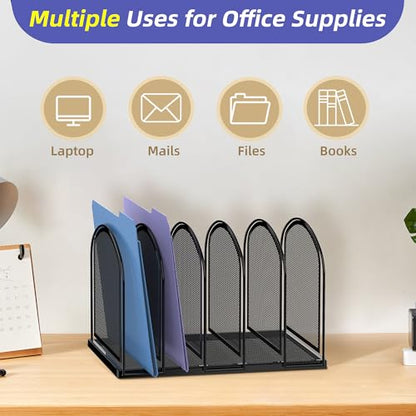 5-Section File Organizer for Desk, Metal File Folder Holder, Black | 5 Vertical Compartments with Sturdy Metal Base for Office Documents Books Magazines and Laptop
