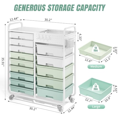 14 Drawer Rolling Storage Cart with Tabletop and Pegboard for Crafts Green | Easy Setup, Large Capacity, Sturdy Build, Smooth Mobility, For classroom, office and dorm supplies
