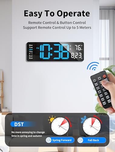 MASHI Digital Wall Clock, 16" Large Display Digital Clock with Remote Control, Auto-Dimming Wall Clock with Night Light, DST, Date Week,Temp for Living Room, Bedroom, Decor, for Elderly