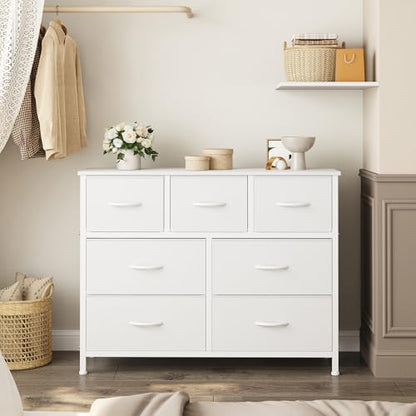OLIXIS 7 Drawer Closet Organizer, Storage Tower with Sturdy Steel Frame | White Dresser for Bedroom, Wooden Top & Easy Pull Fabric Bins, Clothes Organization, Living Room Entryway