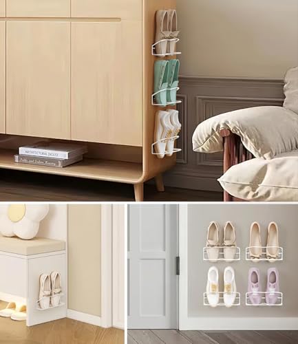10Pack Wall Mounted Shoe Rack with Sticky Hanging Strips (White) | Very Easy to Install no Need to Drill Hanging Shoe Organizer, for RV, Door,Entryway, Bathroom, Living Room, Mud Room, Laundry