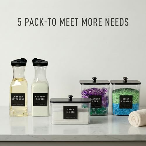 3+2 Pack Laundry Pods Containers & Dryer Sheet Holder & Laundry Detergent Dispenser, Laundry Room Organization and Storage Jars with Lids, Labels and Scoops for Scent Booster, Powder, Pods