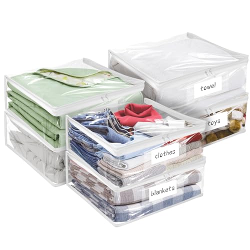 Plastic Storage Bags with Easy-Glide Zipper, Pack of 6, Durable Clear Vinyl Zippered Storage Bags for Clothes Sweaters Comforters Blankets Sheets Bedding (15.7 x 13.8 x 3.9 Inch, Transparent White)