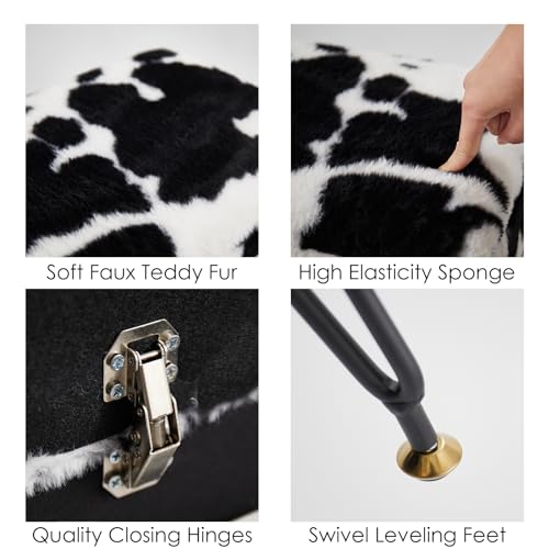 Teddy Storage Ottoman, Flip Top Vanity Stool, Cow | Soft teddy fabric, hidden storage, padded seat, sturdy metal legs, adjustable feet for vanity, bedroom, or dressing area.