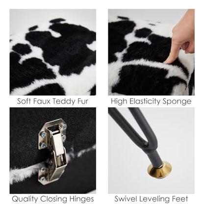 Teddy Storage Ottoman, Flip Top Vanity Stool, Cow | Soft teddy fabric, hidden storage, padded seat, sturdy metal legs, adjustable feet for vanity, bedroom, or dressing area.
