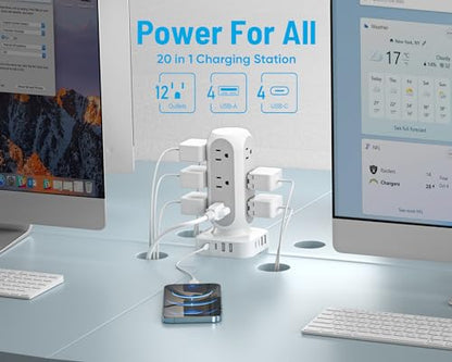 Flat Plug Power Strip Tower, TenTrend 40W Total Fast Charging Station, 10FT | 12 AC Outlets & 8 USB Ports (4 USB C), Dual PD 20W, Long Extension Cord for Desk Office Dorm Room