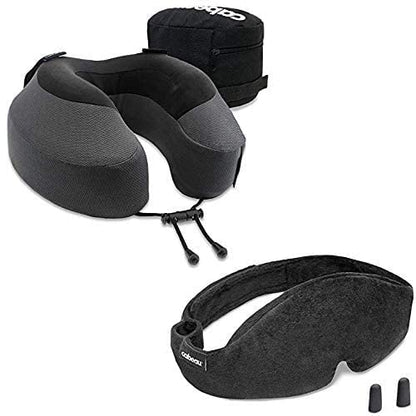 Cabeau Travel Neck Pillow and Eye Mask Set, Memory Foam Neck and Head Support Pillow for Traveling, Airplane, Car Headrest, Office Chair, Blackout Sleep Mask for Home and Travel, Sleeping Earplugs Inc