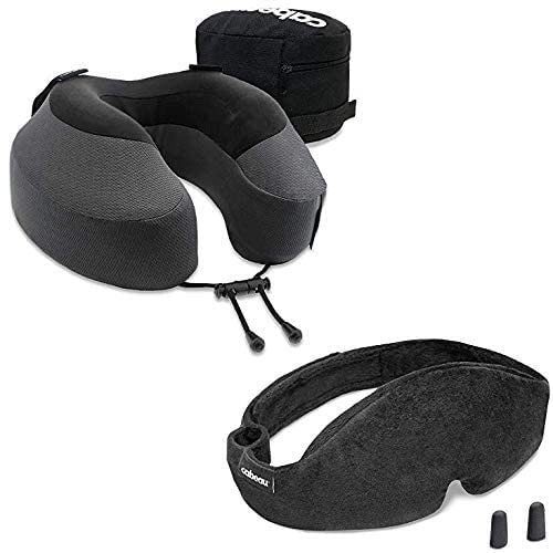Cabeau Travel Neck Pillow and Eye Mask Set, Memory Foam Neck and Head Support Pillow for Traveling, Airplane, Car Headrest, Office Chair, Blackout Sleep Mask for Home and Travel, Sleeping Earplugs Inc