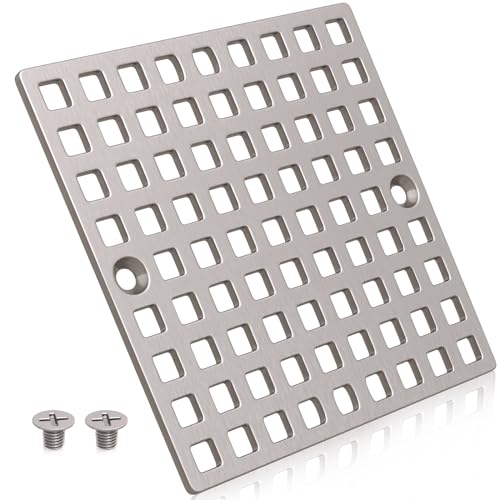3-7/8" Brushed Nickel Square Shower Drain Cover for Floor Drain | Square Floor Drain Cover Replacement, SUS304 Stainless Steel Hair Catcher, Drain Strainer for Bathroom Shower & Kitchen Floor
