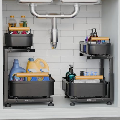 Premium Large Under Sink Organizer, 2-Tier Pull Out, Adjustable | Heavy-duty carbon steel, 7 adjustable heights and smooth ball-bearing sliding baskets for kitchen and bathroom cabinets