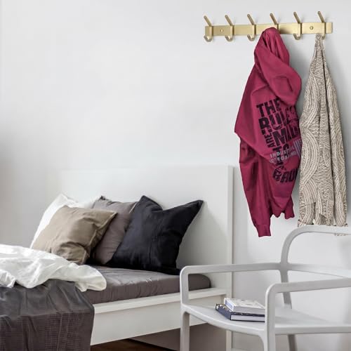 Brushed Gold Wall Mounted Coat Rack – 17 Inch Stainless Steel Rail with 6 Double Coat Hooks for Entryway, Bathroom, Bedroom, Kitchen – Modern Gold Hook Rack for Coats, Hats, Towels
